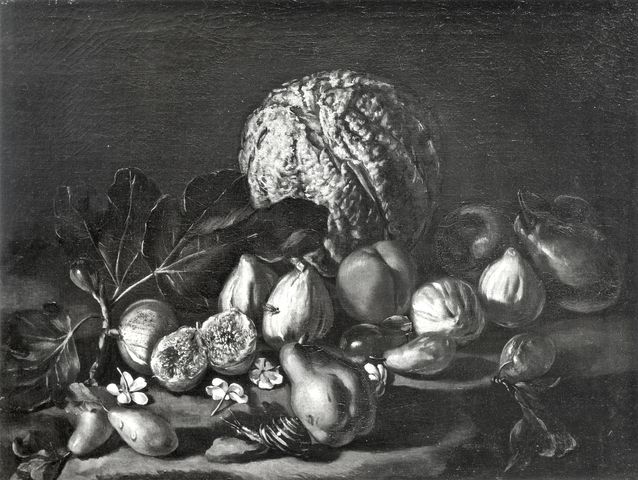 Anonimo — Anonimo romano sec. XVII/ XVIII - Natura morta con pere, fichi, prugne, melone e fiori — insieme